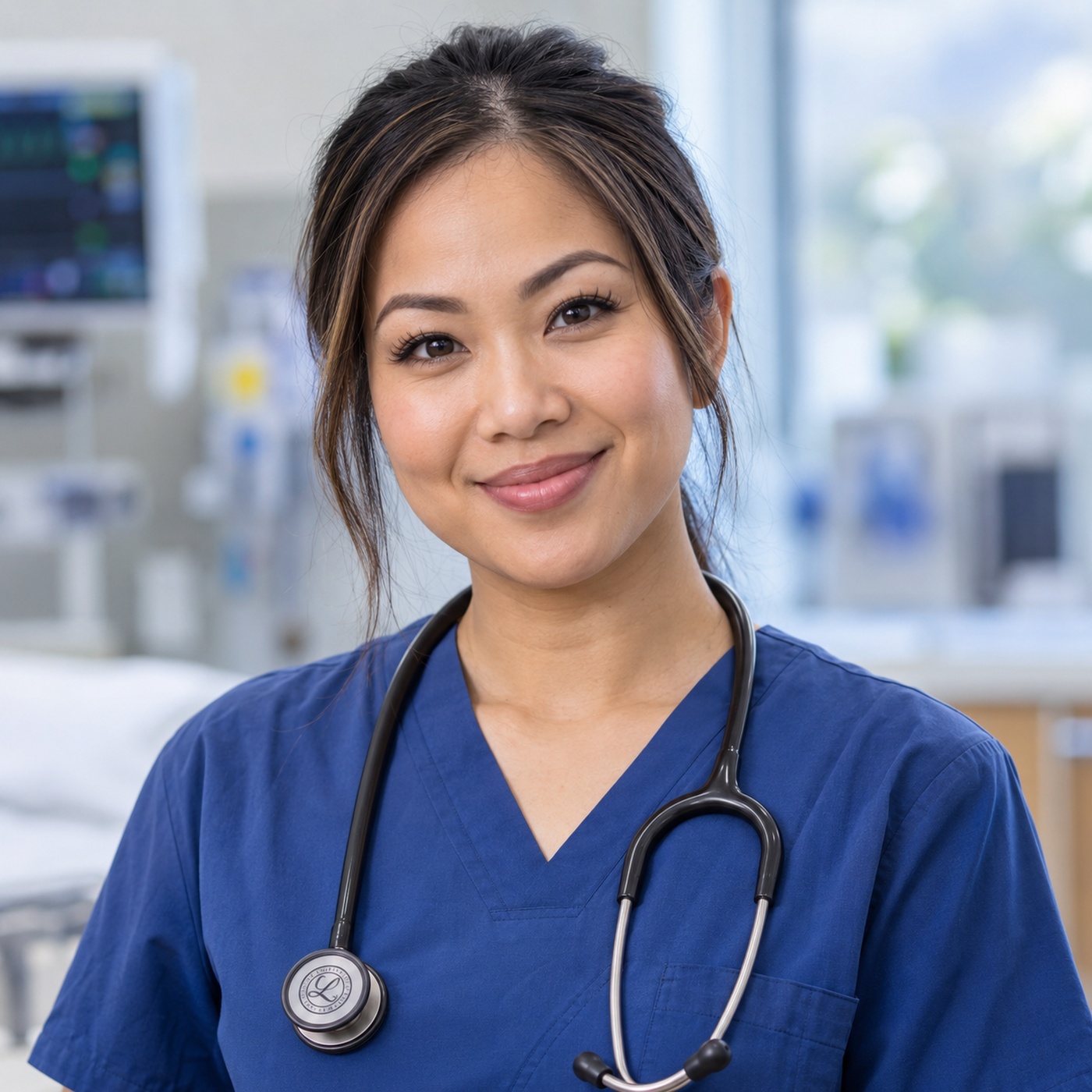 Healthcare headshot of an Asian nurse in scrubs