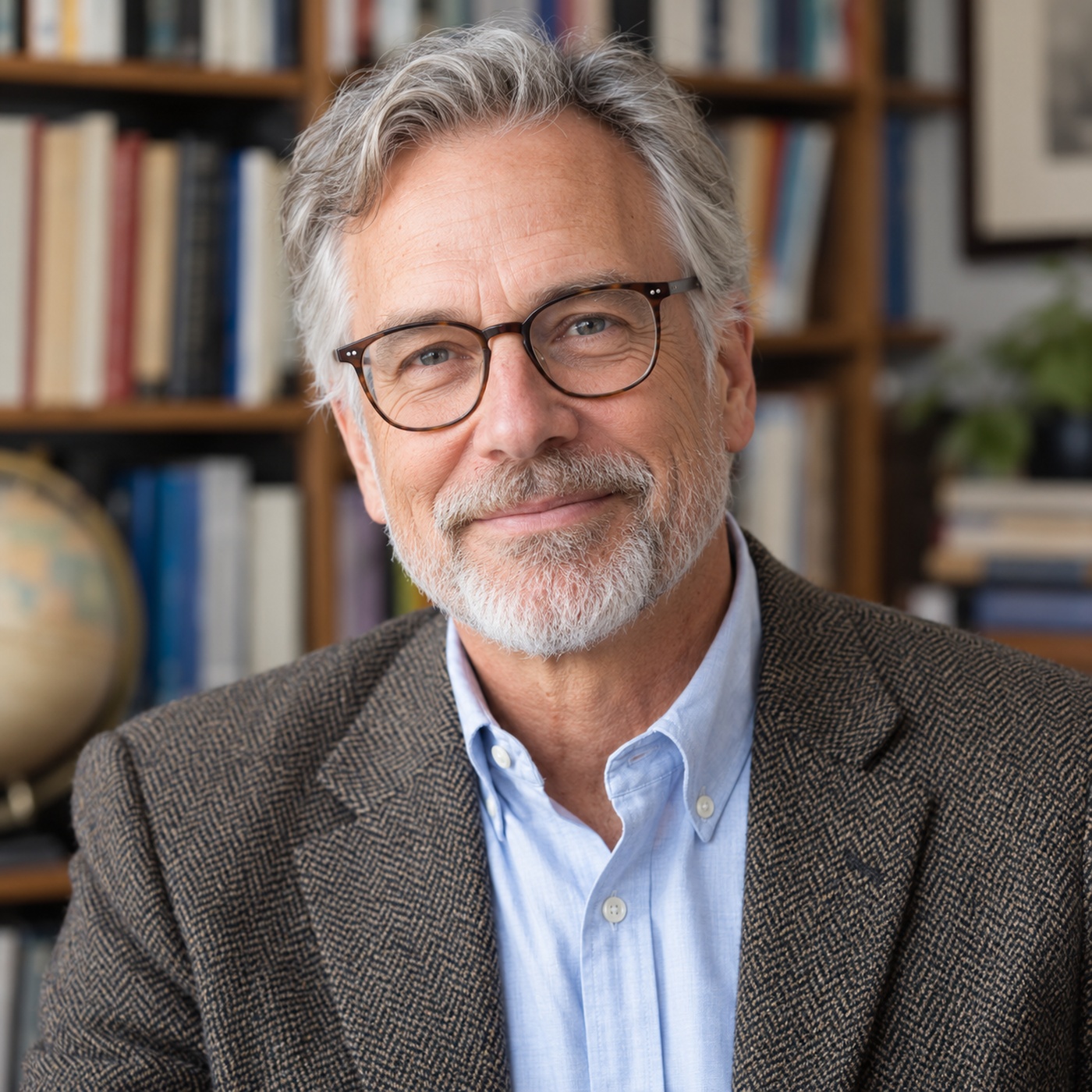 Education headshot of an older male professor in a library